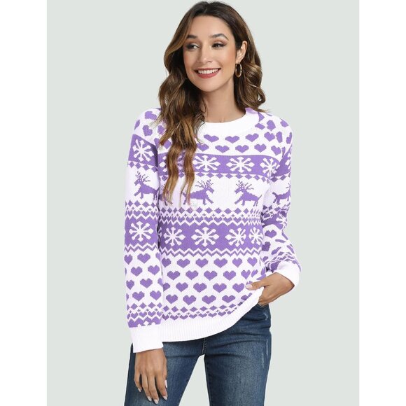 Women Ugly Christmas Purple Sweater Reindeer Snowflake Knit Pullover Crew Neck - Picture 3 of 6